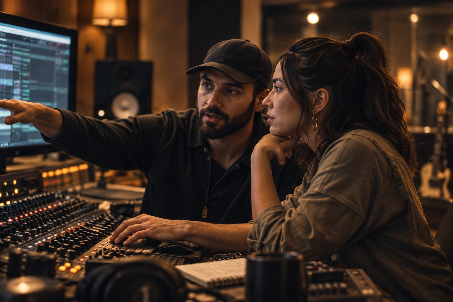 A producer and artist shaping a recording together